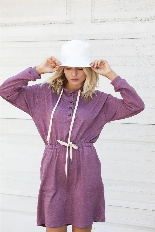 Plum Button Up Detail Hooded Long Sleeve Mini Dress /2-2-2