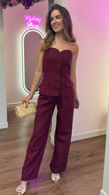 Farrah Burgundy Bustier Top & Trousers Co-Ord