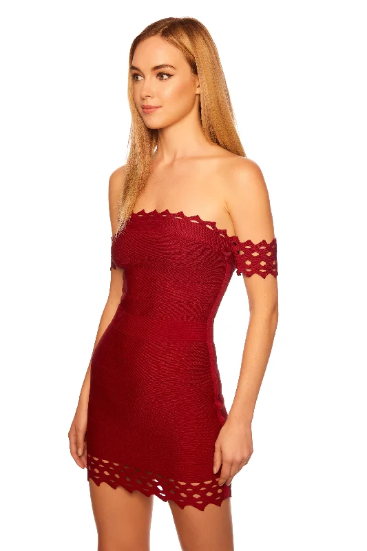 bandage eyelet off shoulder dress