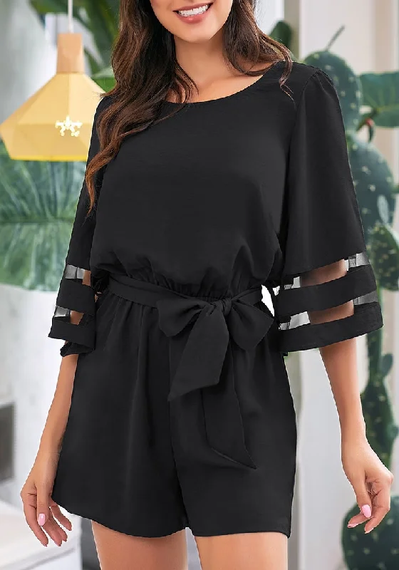 Women Casual Short Sleeves Self-Tie Belted Short Romper Jumpsuits