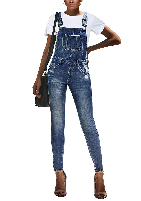 Dark Blue Ripped Denim Skinny Jeans Bib Overall