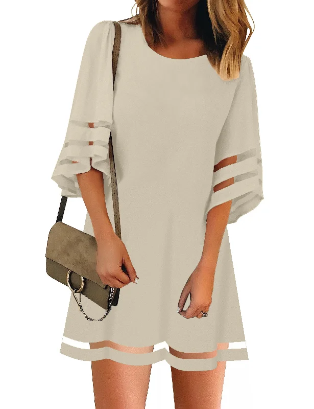 Women Casual Crewneck Mesh Panel 3/4 Bell Sleeve Loose Tunic Dress