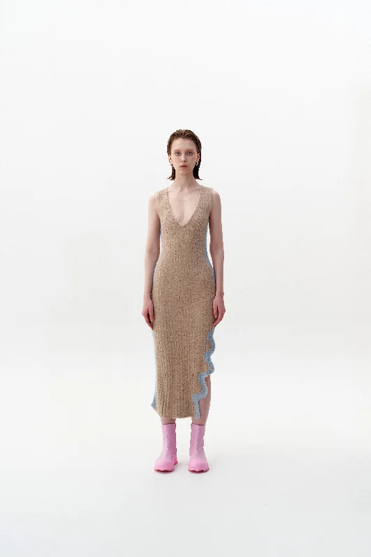 SATURN ECO FAUX FUR REVERSIBLE LONG DRESS WITH SIDE SLIT