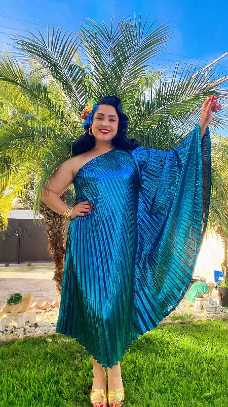 Vibrant Blue Metallic One Shoulder Caftan Dress