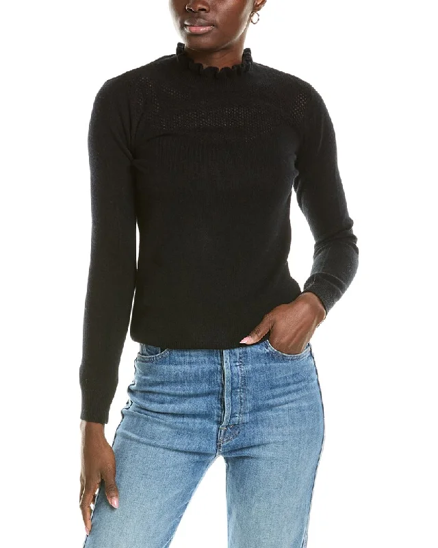 sofiacashmere Ruffle Mock Neck Mesh Stitch Cashmere Sweater