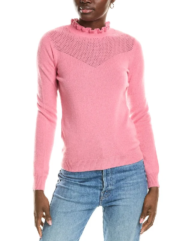 sofiacashmere Ruffle Mock Neck Mesh Stitch Cashmere Sweater